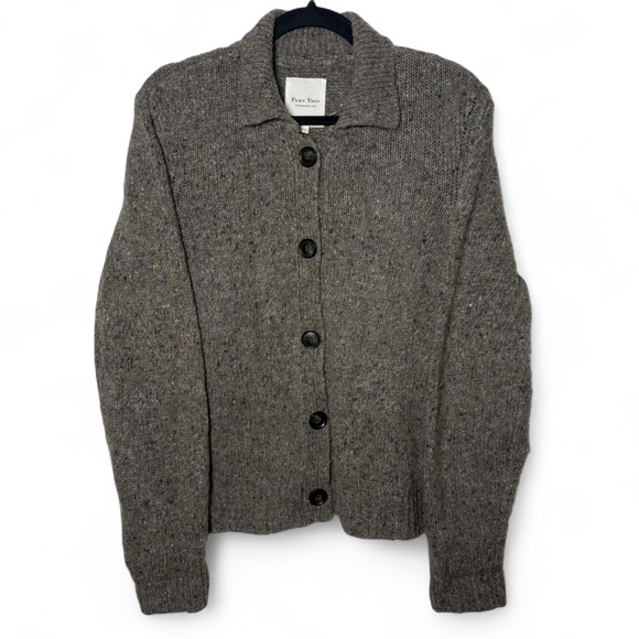 Part Two Sweaters - Part Two Wool Alpaca Collared Cardigan Sweater Brown Gray Large Cozy Knit